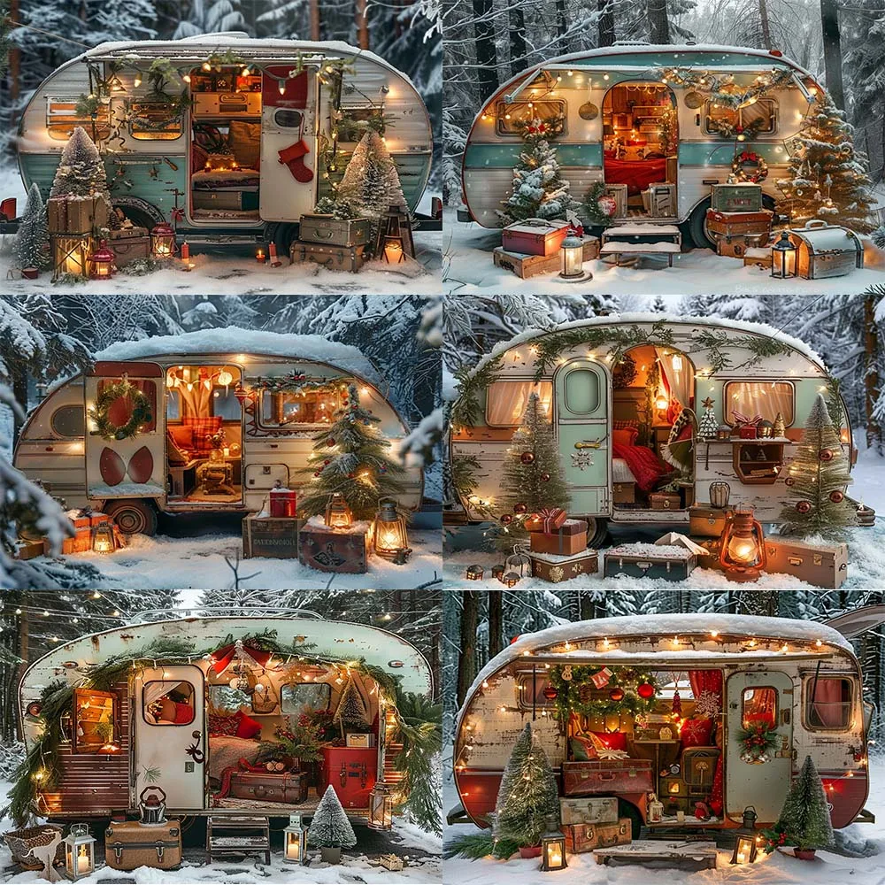 Winter Christmas Car Photography Background Camping Forest Xmas Trees Kids Family Portrait Decor Backdrop Photo Studio Props