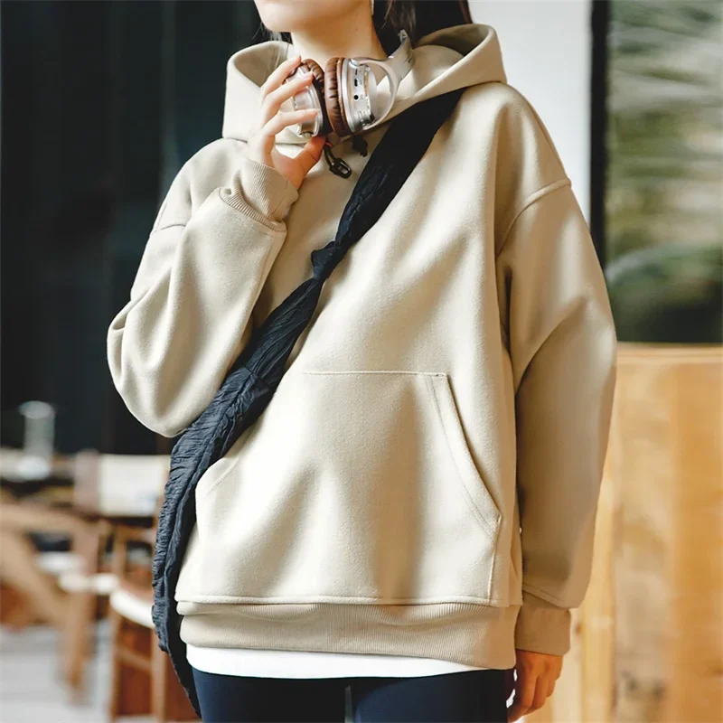 Maden Autumn and Winter Thickened Hooded Sweatshirt for Women Loose Long-sleeved Kangaroo Pocket Hoodies Basic Pullover Unisex