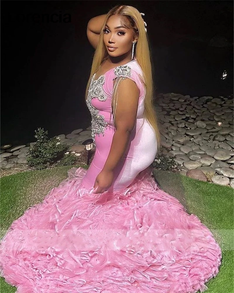 Customized Pink Mermaid Prom Dress For Black Girls Beaded Crystal Rhinetones Ruffles Birthday Party Gowns Robe De Soiree YPD76