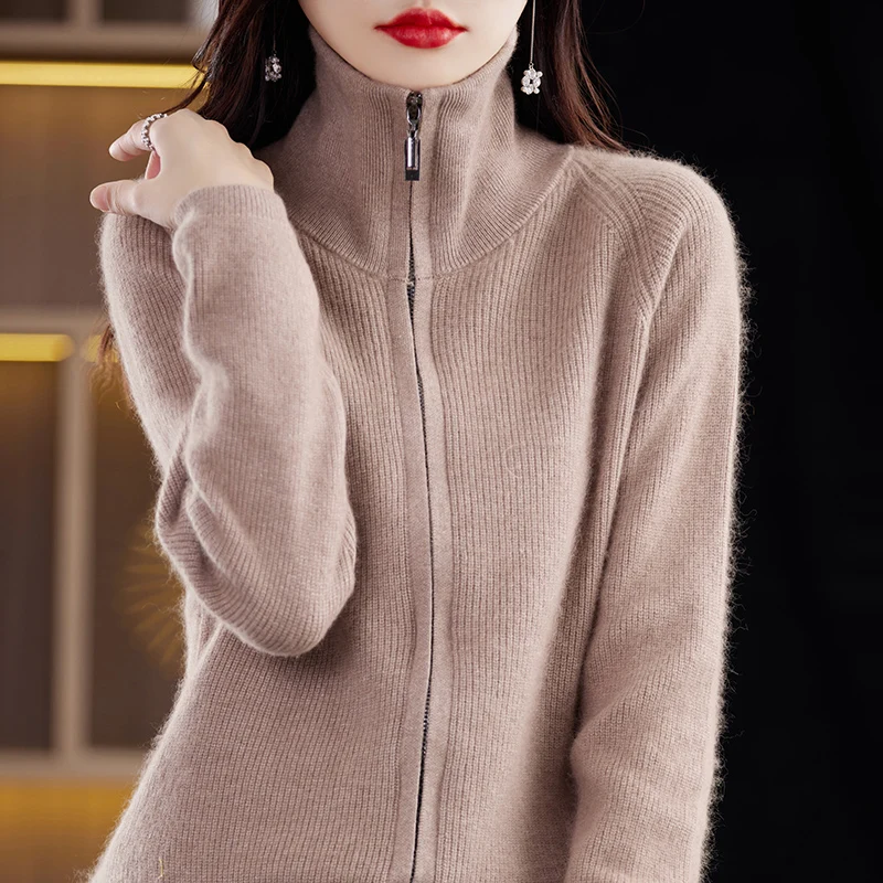 BELIARST 2023 Autumn/Winter New Women\'s Clothing Zipper Cardigan Knitted Sweater Solid Jumper 100% Mink Cashmere BR-093