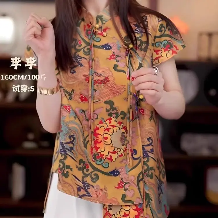 플로럴 프린트 블라우스 여성 새틴 실크 자카드 반팔 루즈 셔츠 중국 민족 스타일 빈티지 당나라 탑
