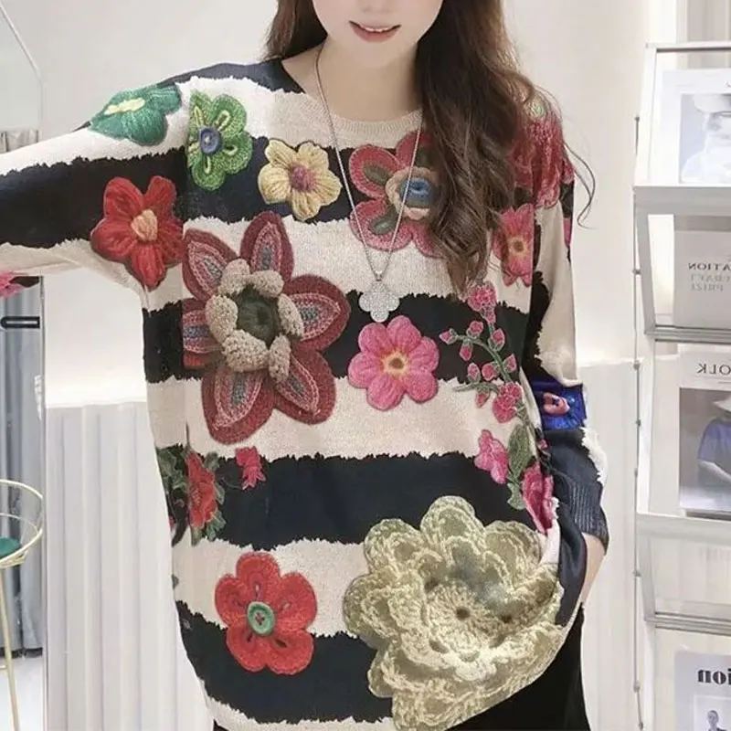 Korean Loose Floral Printed Round Neck Knitted T-shirt 2024 Women\'s Clothing All-match Fashion Chic Patchwork Long Sleeve Tops