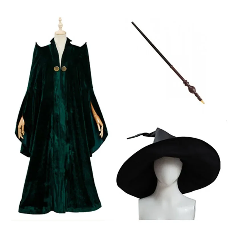 Professor Minerva McGonagall Cosplay Costume Green Rope Cape Hat Wand Full Halloween Suit