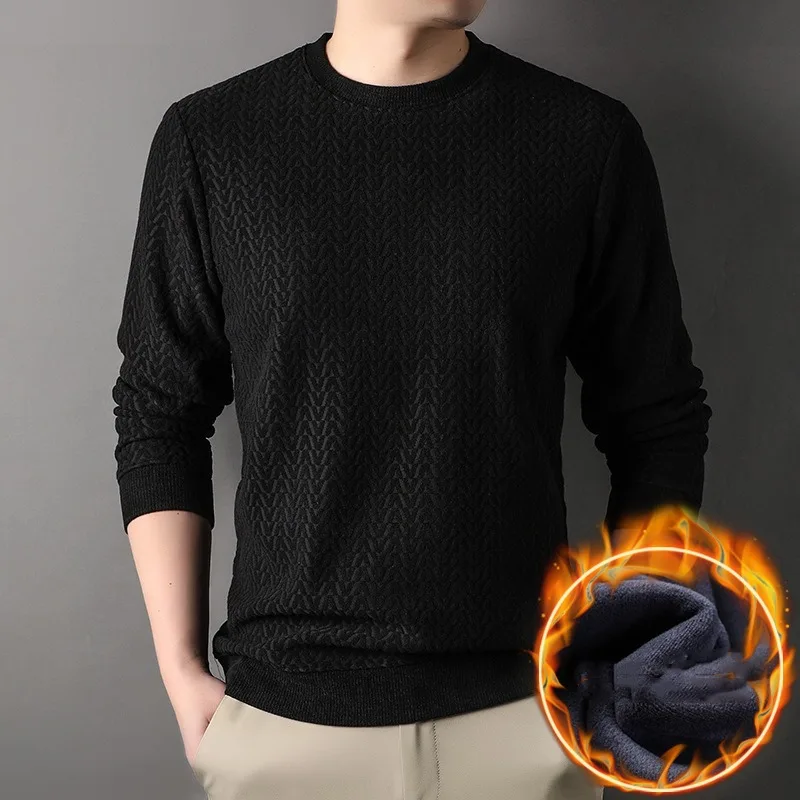 2023 Autumn and Winter Men's Pullover Round Neck Solid Spiral Plush Thickened Sweater Underlay Fashion Casual Loose Tops