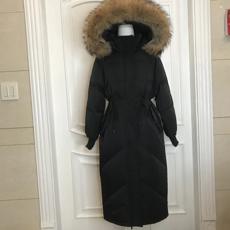 Russische Winter Down Jassen Solid Hooded Vrouwen Dikke Puffer Jassen Fox Bontkraag Trekkoord Riem Casual Lange Uitloper Overjassen