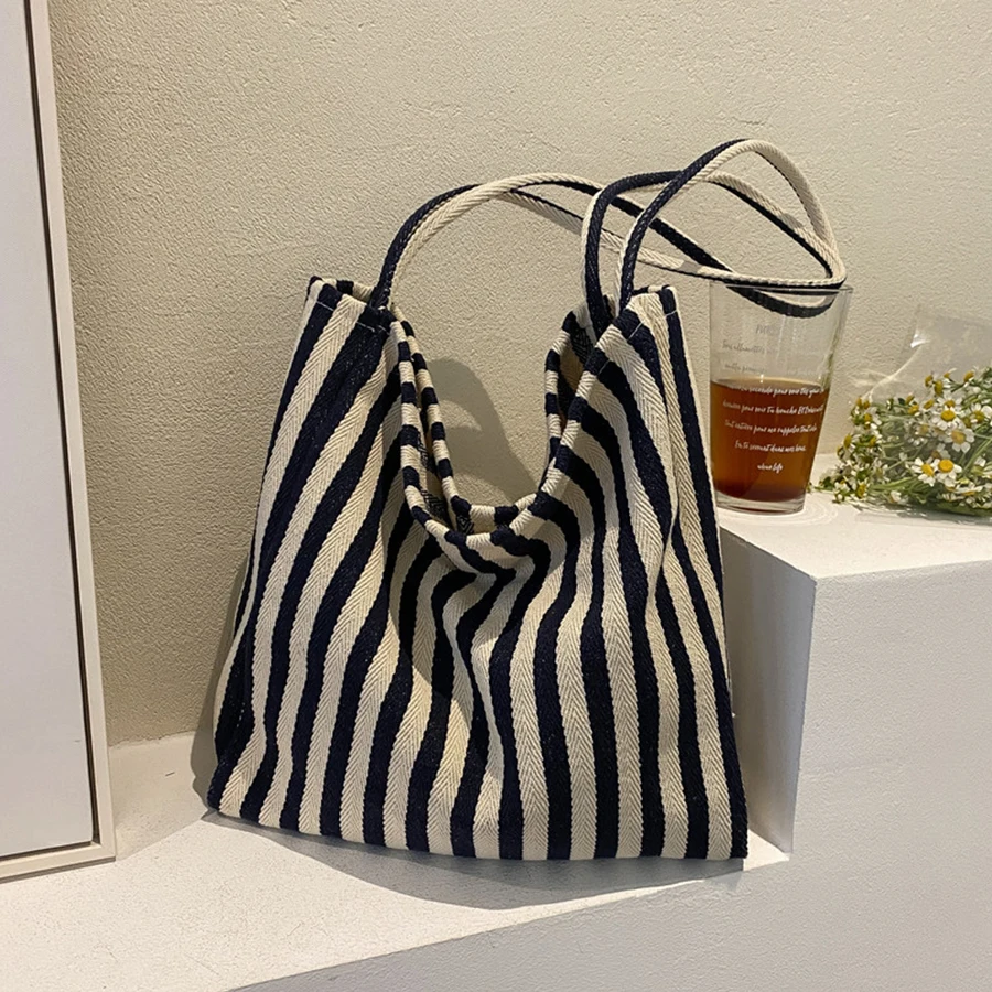Female Casual Multifunctional Travel Top-handle Handbag Large Capacity Canvas Women Eco Shopper Tote Simple Striped Shoulder Bag