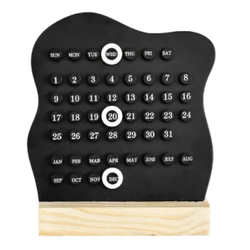 Creative Manual Perpetual Calendar Adjustable 3 Rings Wooden Desk Calendar Month Date Display Wooden Base Round Rings Calendar
