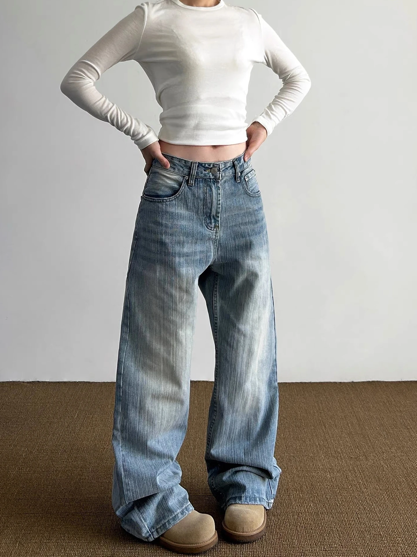 

High Waist Straight Leg Jeans Women's Men's Vintage Washed Bamboo Texture Knife Casual Wide Leg Long Pants