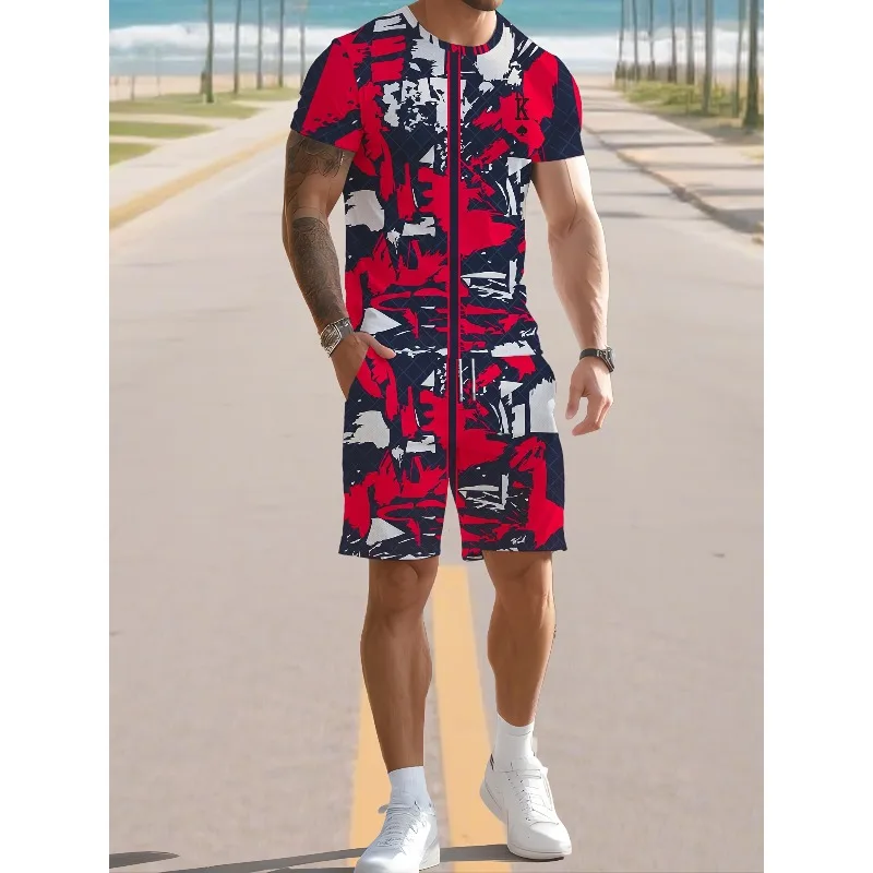 

2025 Fashion T-shirt Creative 3D Digital Printing Casual Round Neck Short Sleeved Shorts Set Summer New Trend Retro Men