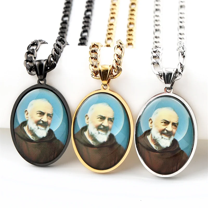 Katholische Padre Pio Saint Vater Glas Medaille Anhänger Halskette für Frauen Männer Edelstahl Gold Farbe Religiöse Amulett Schmuck