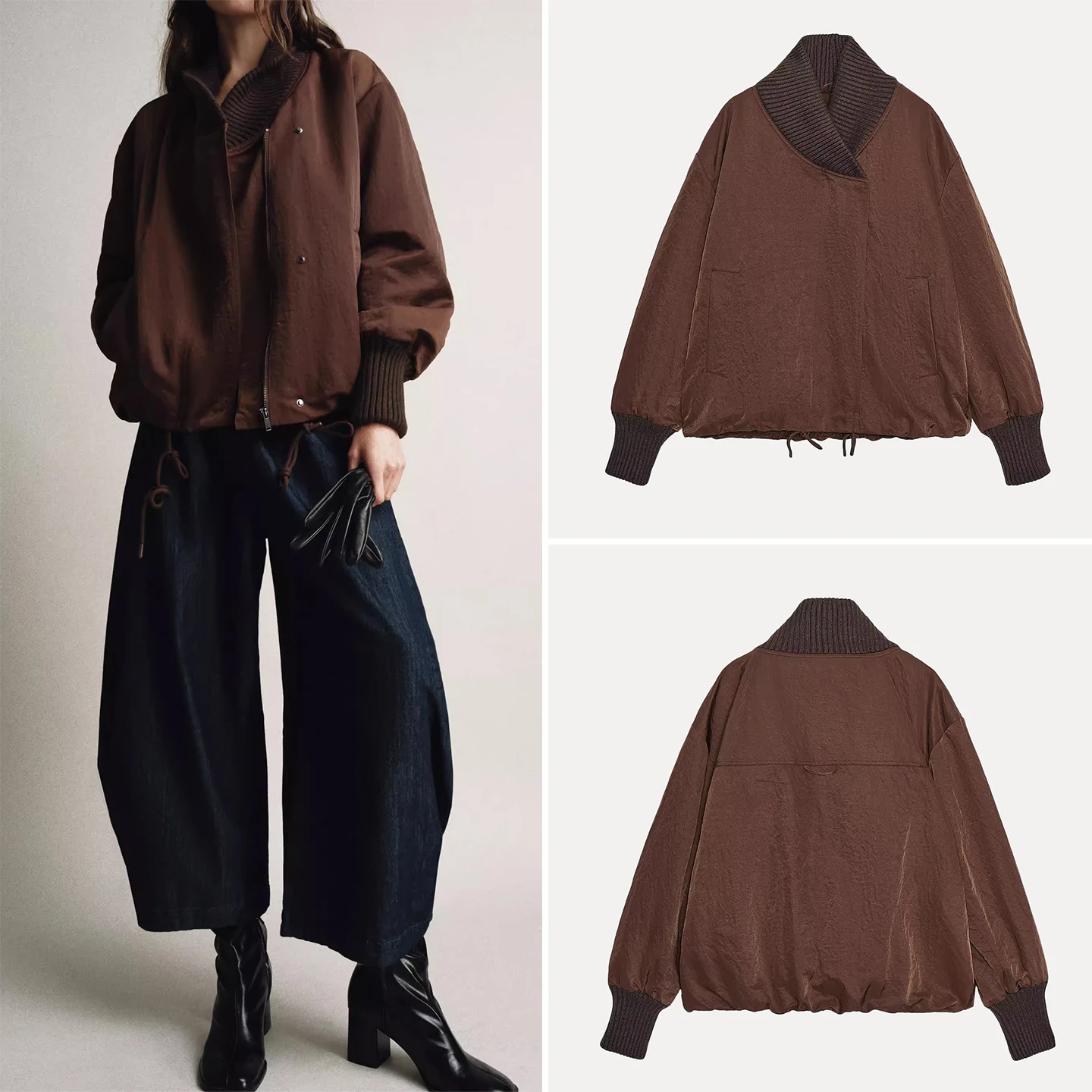 Faionable فضفاض مضلع طويل Sve Jaet المرأة عادية Sle سستة إغلاق الوقوف طوق ملابس خارجية للسيدات خريف 2025