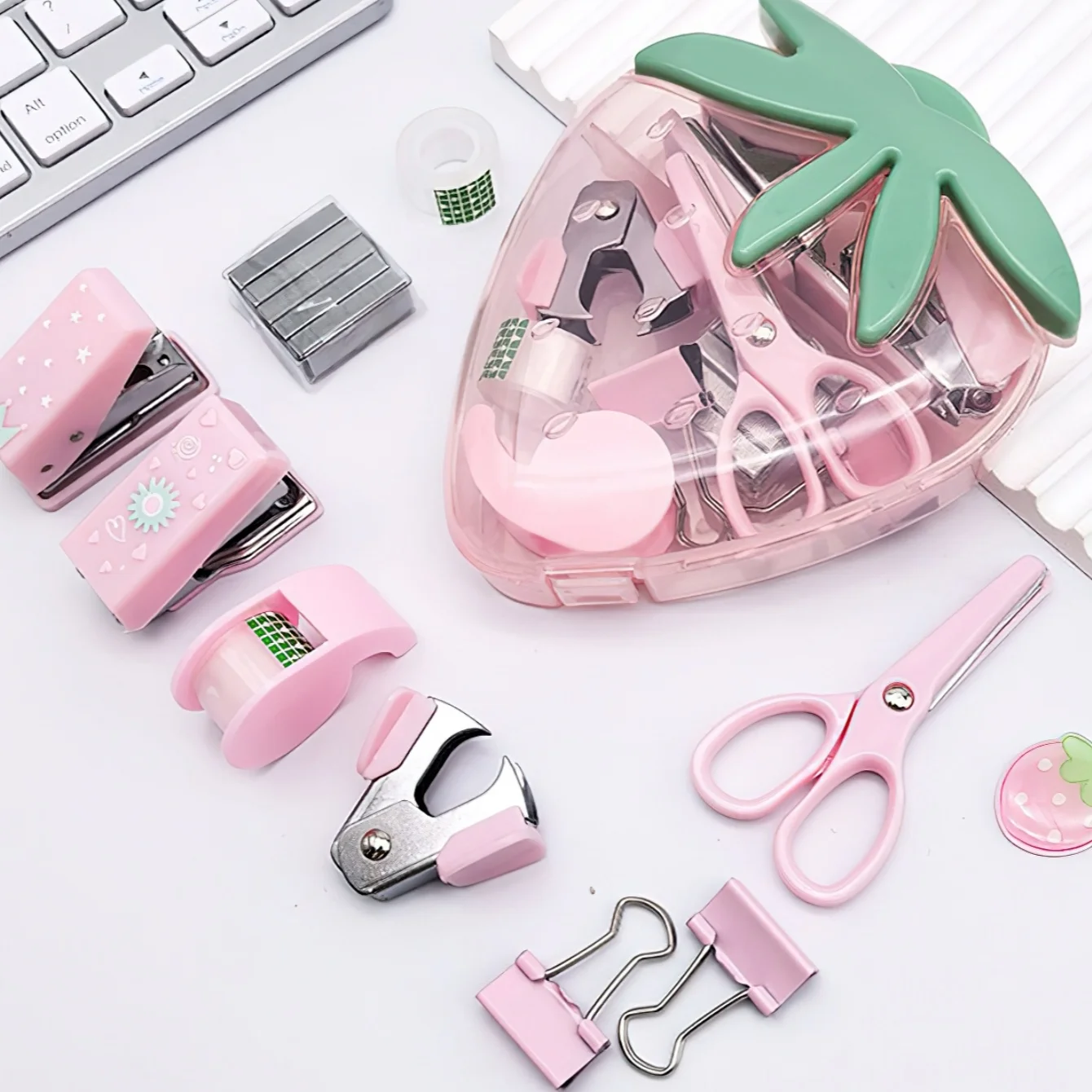 Strawberry Mini 9-Piece School Supplies Kit - Cute Stationery Set Scissor Tape Stapler for Students Office Journaling A3451