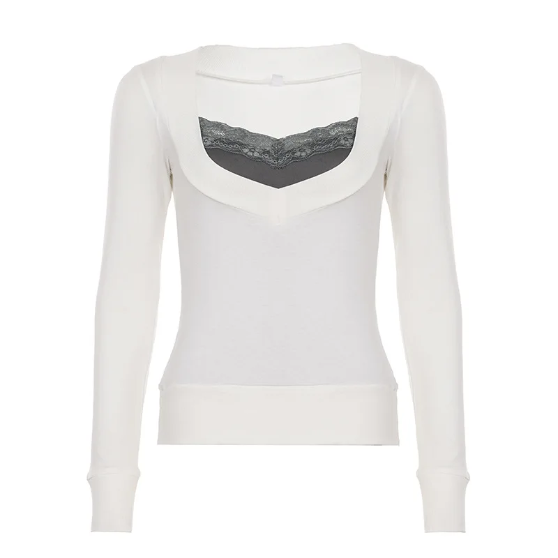 

Lace Patchwork Contrasting Long Sleeved T-shirt, New Spicy Girl Slim Fit And Slimming V-neck Knitted Sweater Top