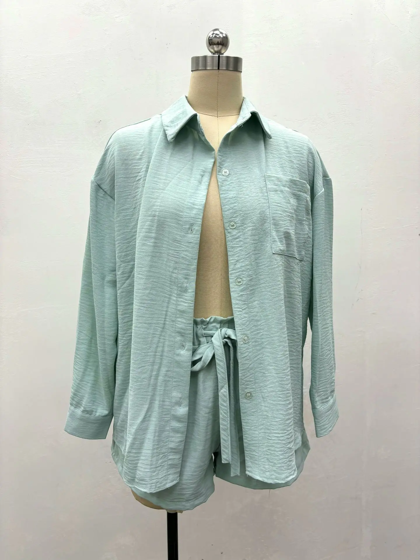 Straße Solide Lose Beiläufige Shorts Outfit Frühling Frauen Tasche Lange Ärmel Hemd + Hohe Taille Spitze Up Shorts Sommer Zwei stück Set