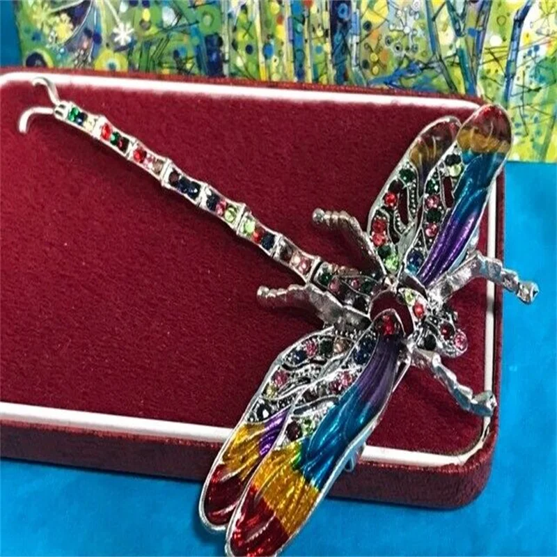 Large Crystal Enamel RAINBOW DRAGONFLY BROOCH Shawl Pin Vintage Style Jewellery