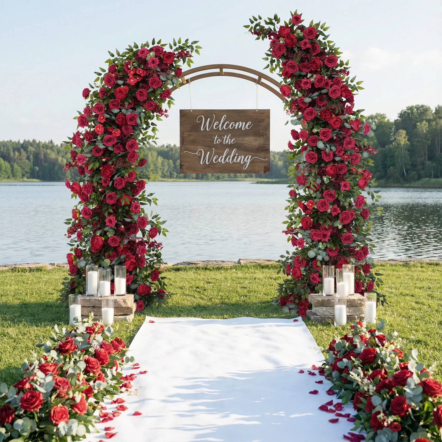 

Uflower Red Rose Green Leaves Flower Row Wedding Decoration Party Backdrop Horn Arch Frame Floral Arrangement Window Display