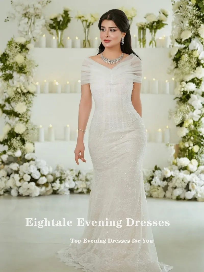 Robe de mariée arabe de quatre-quarts, épaules dénudées, dentelle, perles, personnalisée, blanc ivoire, robe de mariée musulmane, robe de soirée sirène