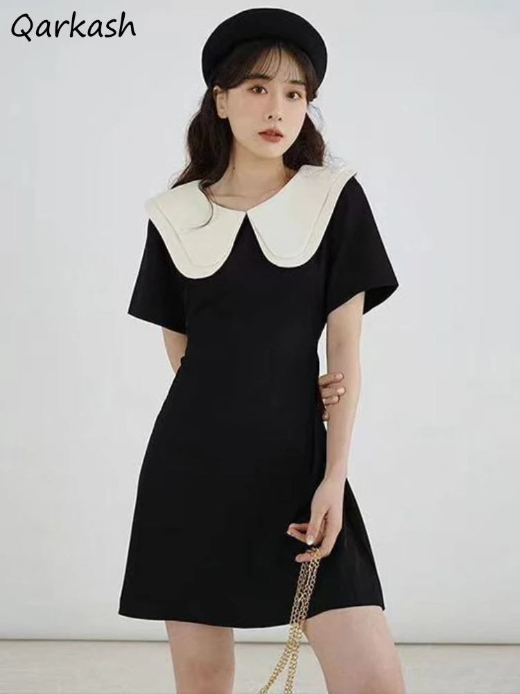 

Summer Mini Dresses Women Preppy Style Sweet Panelled Tender Peter Pan Collar Aesthetic Girlish French A-line Casual Basic