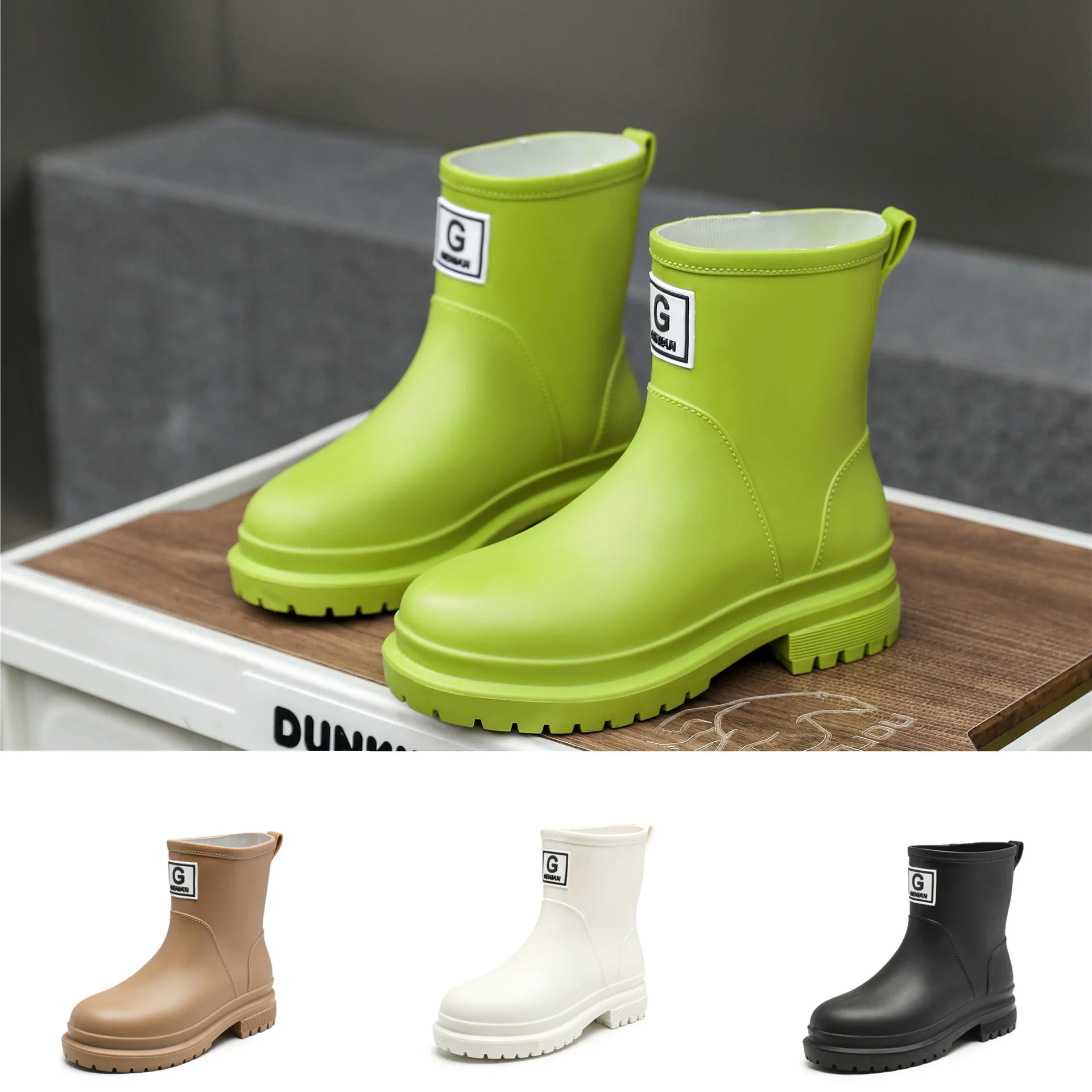 

Ins New fashion rain boots young girls slim foot rainshoes women's autumn low heels rainy boot woman green ankle booties winter