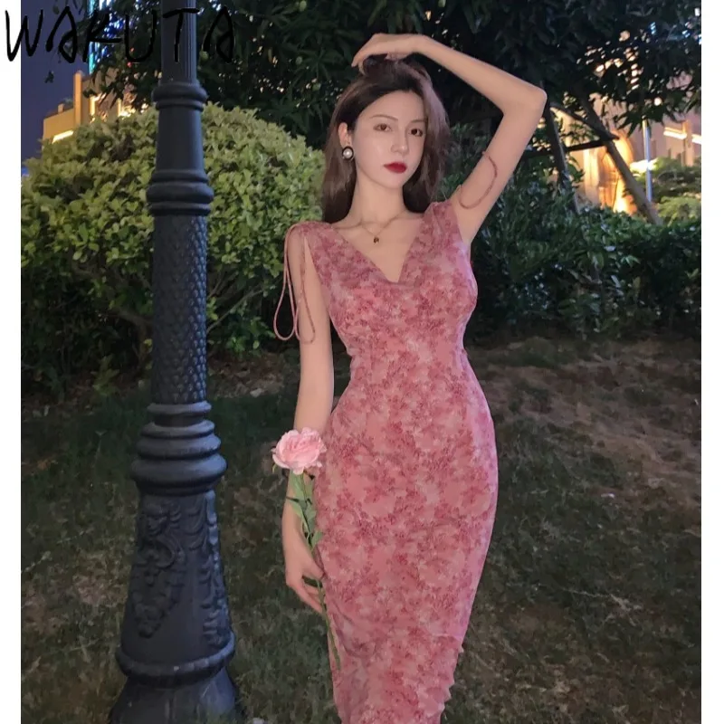 WAKUTA Floral Dress Women Elegant Bodycon Sleeveless V-neck Long Dresses Vintage Backless Robe Korean Chic Sweet Vestidos Mujer