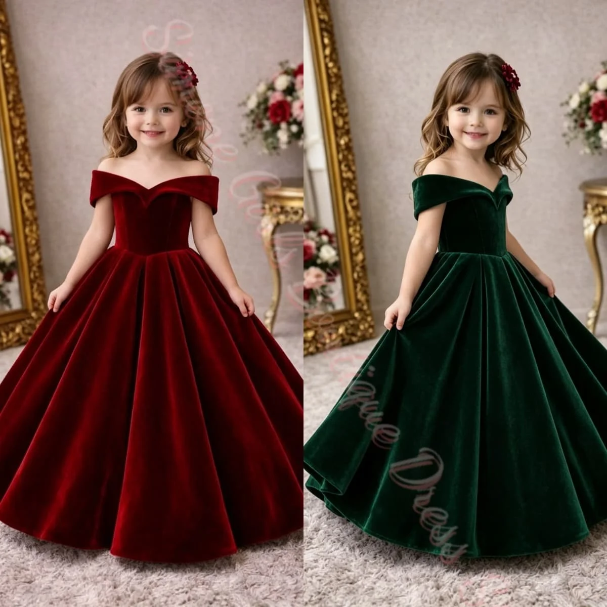 Red Velvet Flower Girl Dresses for Wedding Christmas Ruffle Sleeveless Girl Birthday Pageant Gowns First Communion Customized