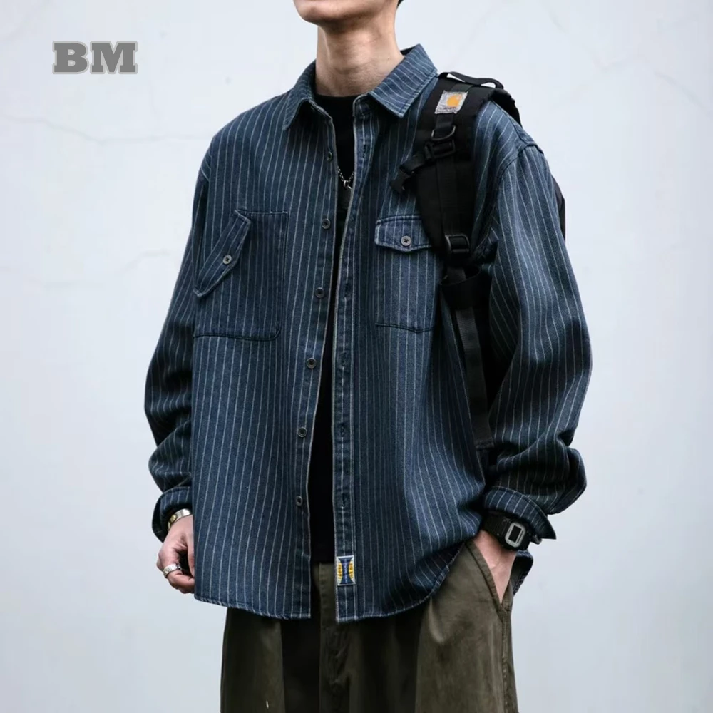 Mens Heavyweight Vintage Denim Shirt American Work Shirt Garment Washed Oversized Button Down Jacket Striped High Quality Trendy