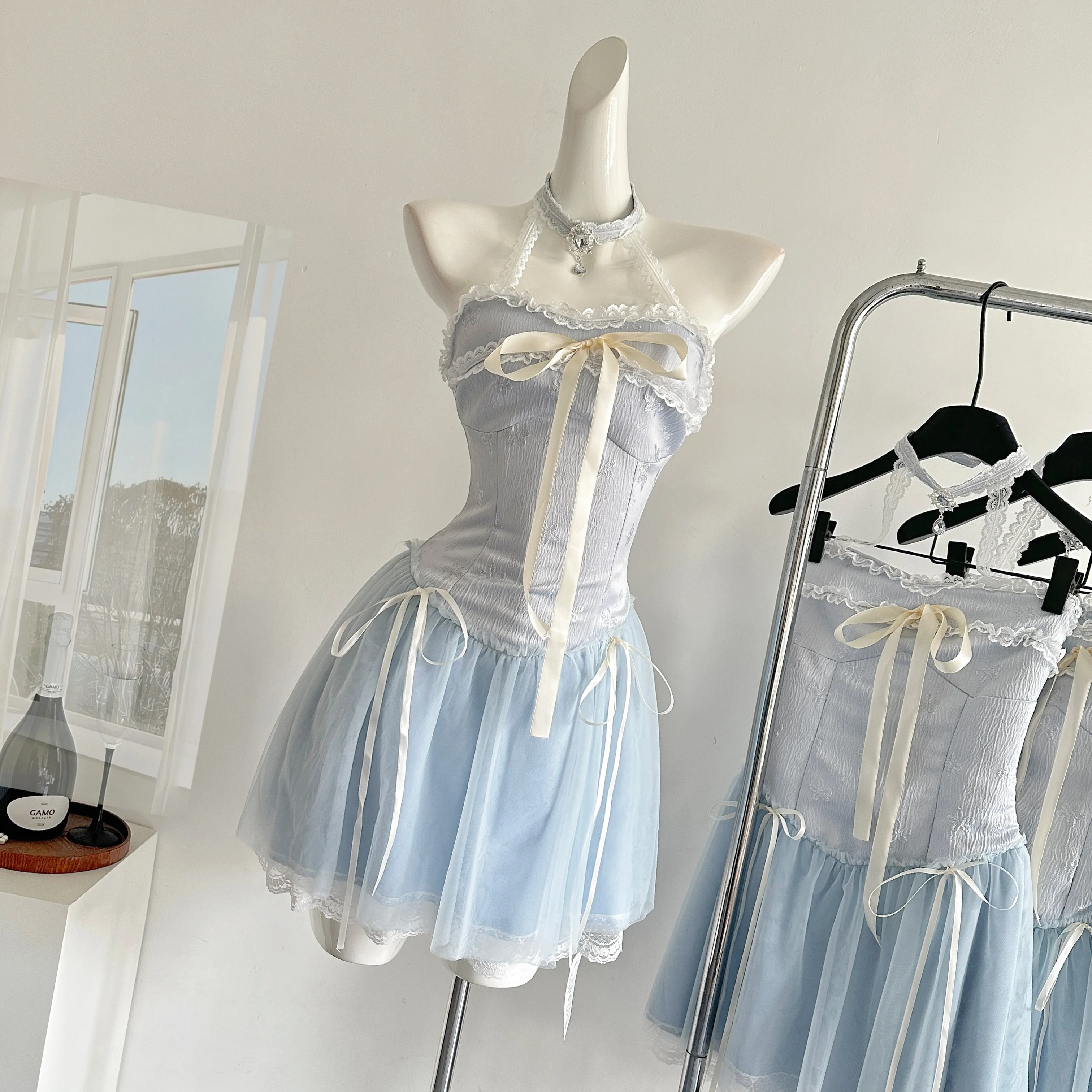 Verano mujeres Y2k cumpleaños Ballet Core A-line vestido de hadas Mini vestidos de encaje de una sola pieza coreano noche Lolita fiesta Shoujo Gyaru