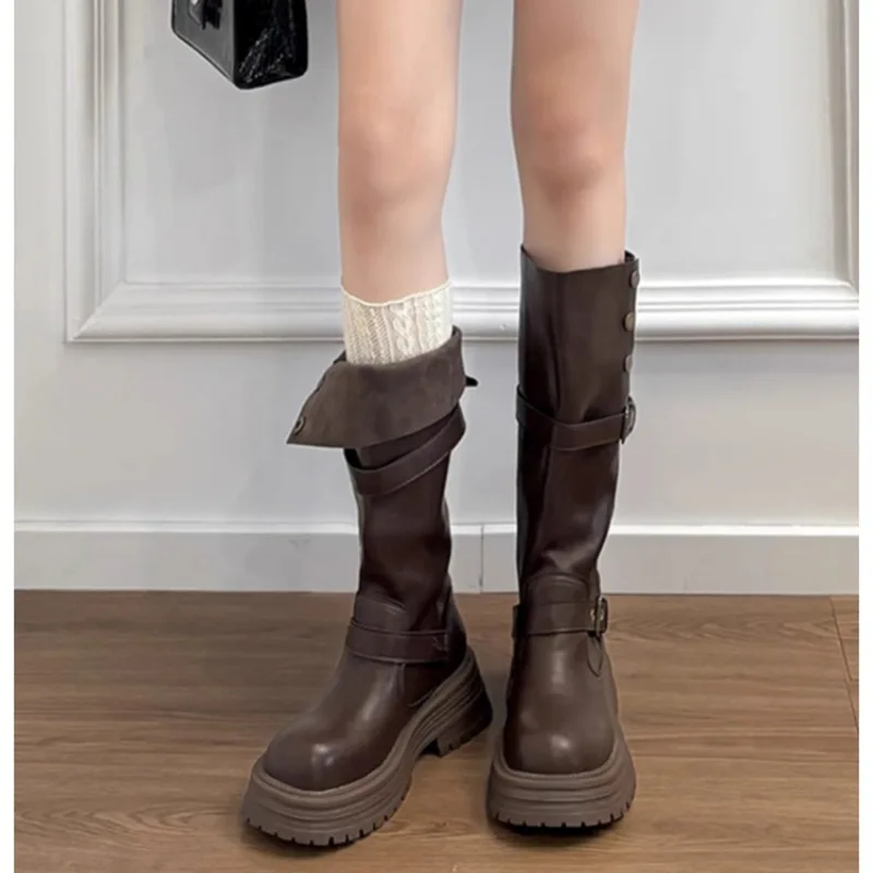 

Women's 2026Autumn Two-way Wear Knee High Boots British Style Thick Sole Platform Leather Riding Boots Chunky Heel Women's Shoes