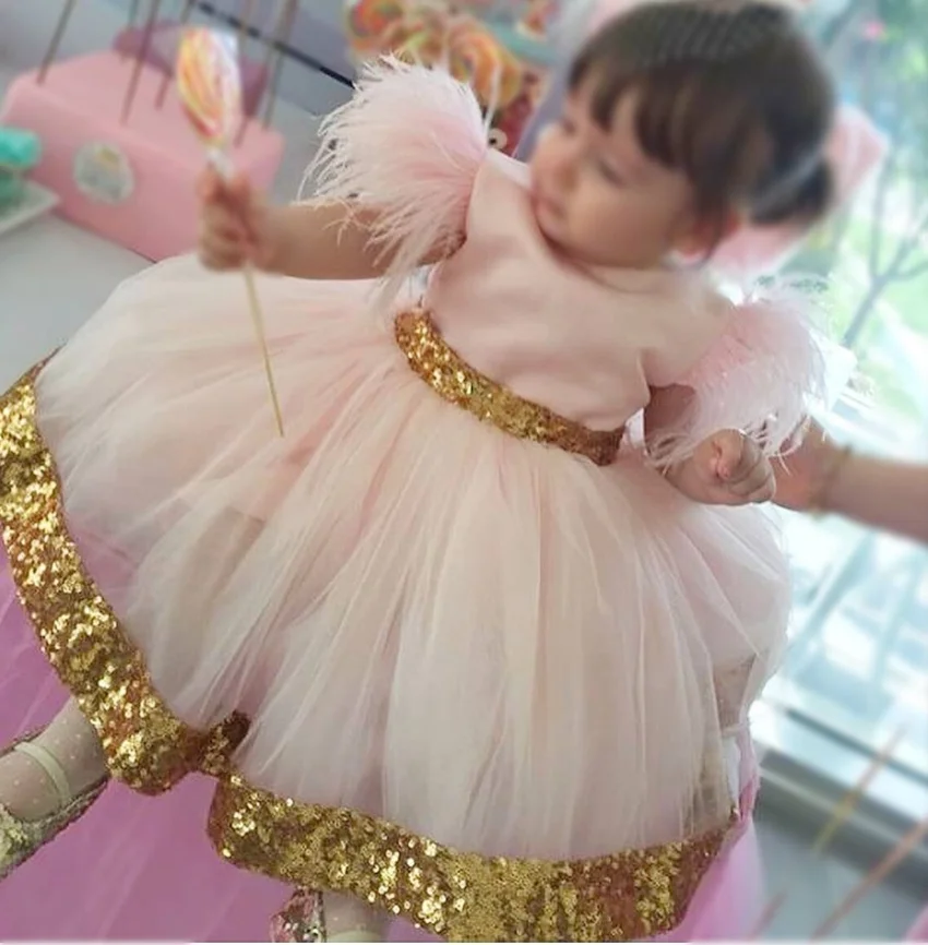 Cute Baby Girl Birthday Gowns with Sequined Bow Feather Sleeve Little Princess Party Vestido Daughter Dresses Photoshoot