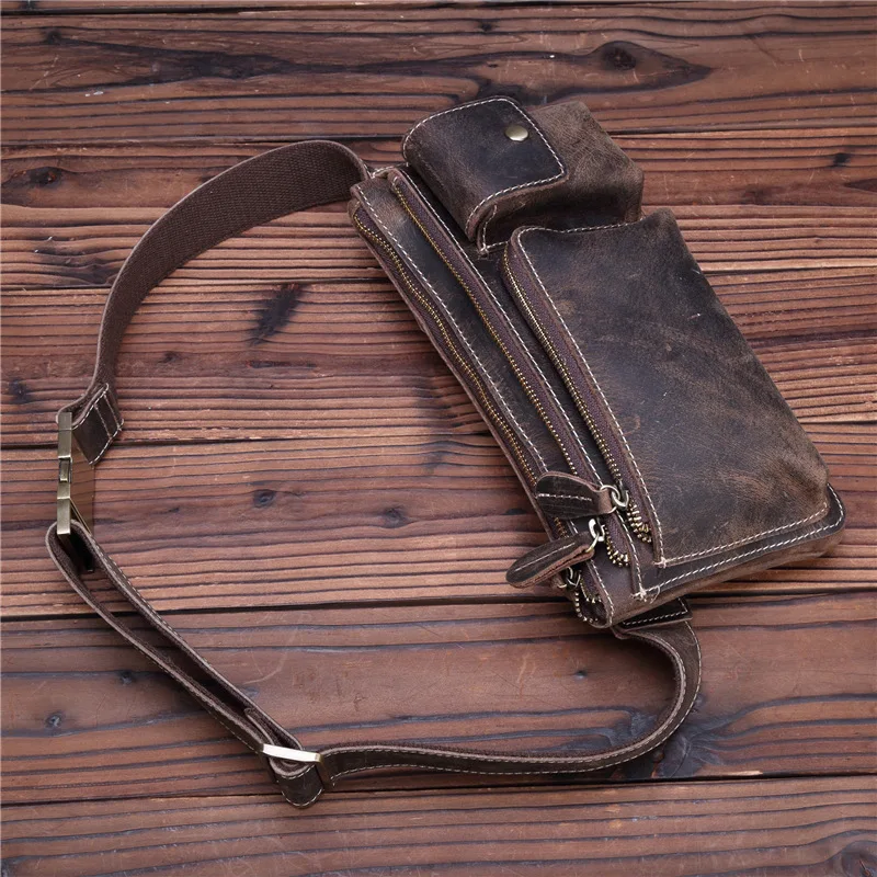 Vintage Waist Pack Genuine Cowhide Retro Style Brown Crazy Horse Leather Clutch Phone Purse Men\'s Portable Shopping Shoulder Bag