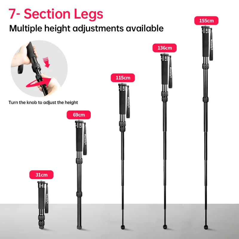 Manbily الألومنيوم Monopod يده المدمجة المحمولة قابل للسحب كاميرا Monopod 7-قسم لحد أقصى. سعة الحمل 5 كجم/11.02 رطل