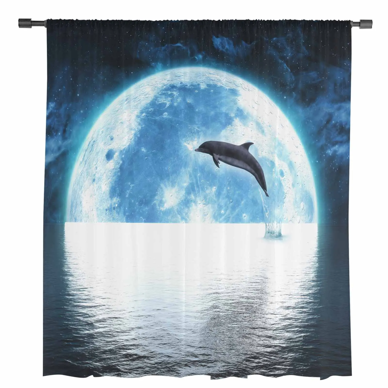 Sea View Dolphin Moon Ripple Landscape Night Sheer Curtains for Living Room Decor Window Curtains Kitchen Tulle Voile Curtains