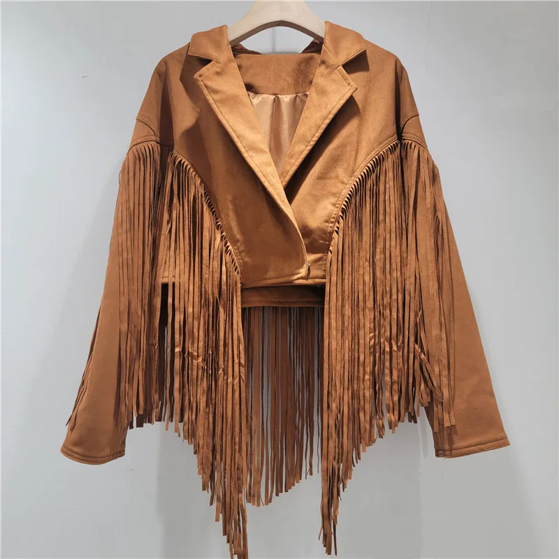 

Women Turn Down Collar Imitation suede Leather Tassels Bomber Jacket Long Sleeved Fringed Coat High Waist Cardigan Tops 2025