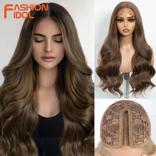 FASHION IDOL 26 pulgadas onda del cuerpo 13*4*1 pelucas de encaje para mujeres pelucas teñidas sintéticas con pelucas de pelo de bebé pelucas de uso diario marrón ombré Cosplay