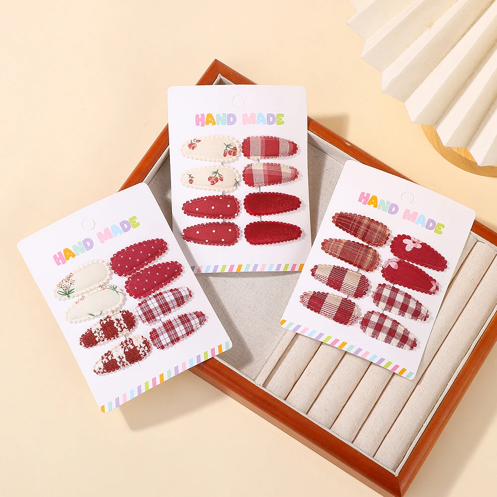 

8Pcs/set Printed Red BB Hairpin Hair Accessories Handmade Canvas Flower Hairclip Girls Sweet Barrettes Headwear New Year Gift