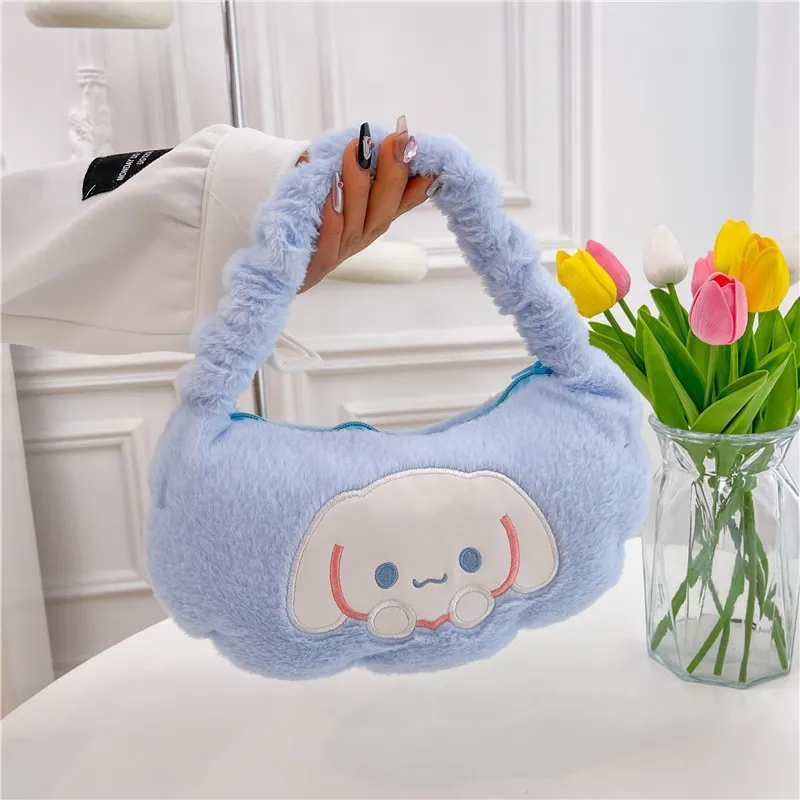 New Kuromi My Melody Cinnamoroll Pochacco Hello Kitty Bag For Women Plush One Shoulder Underarm Moon Bag Cute Girls Mini Handbag