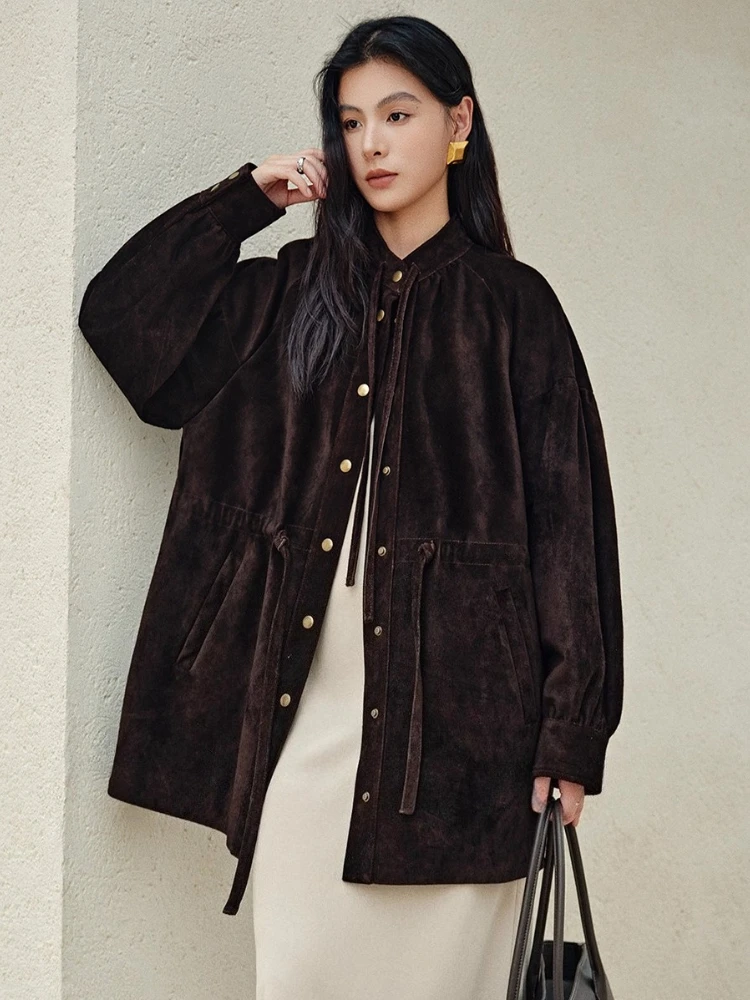 

Mid-length Genuine Leather Suede Jackets for Women Autumn Winter 2026 High-end Simple Stand Collar Casual Real Cow Leather Coat