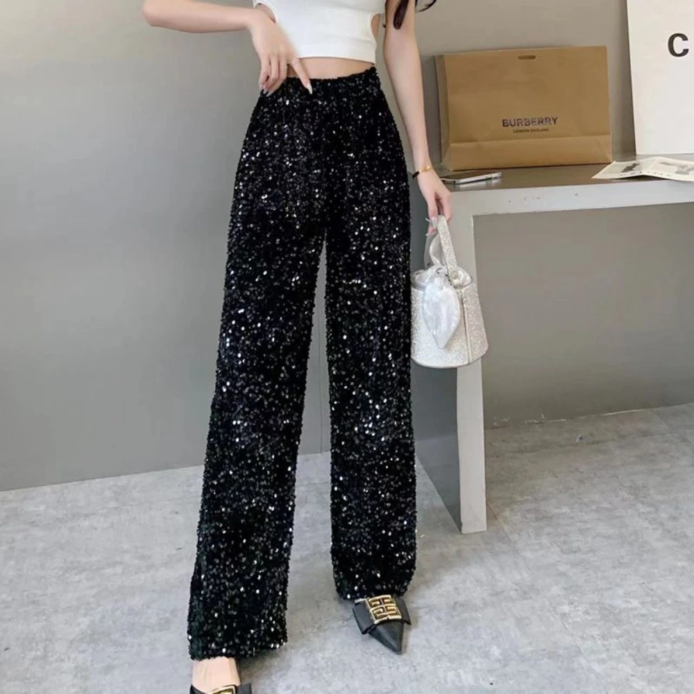 กางเกงขาบานเอวสูงเข้ารูปของผู้หญิงกางเกงปักเลื่อมสไตล์เกาหลีกางเกงยาวถึงพื้น