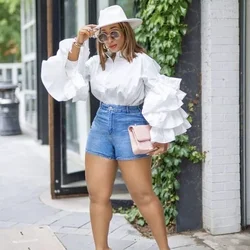 Blouse Shirt Women Shirts Y2k Tops Turn Down Collar Ruffles Blouses Casual Single Breasted Elegant Maxi Slim White Streetwear