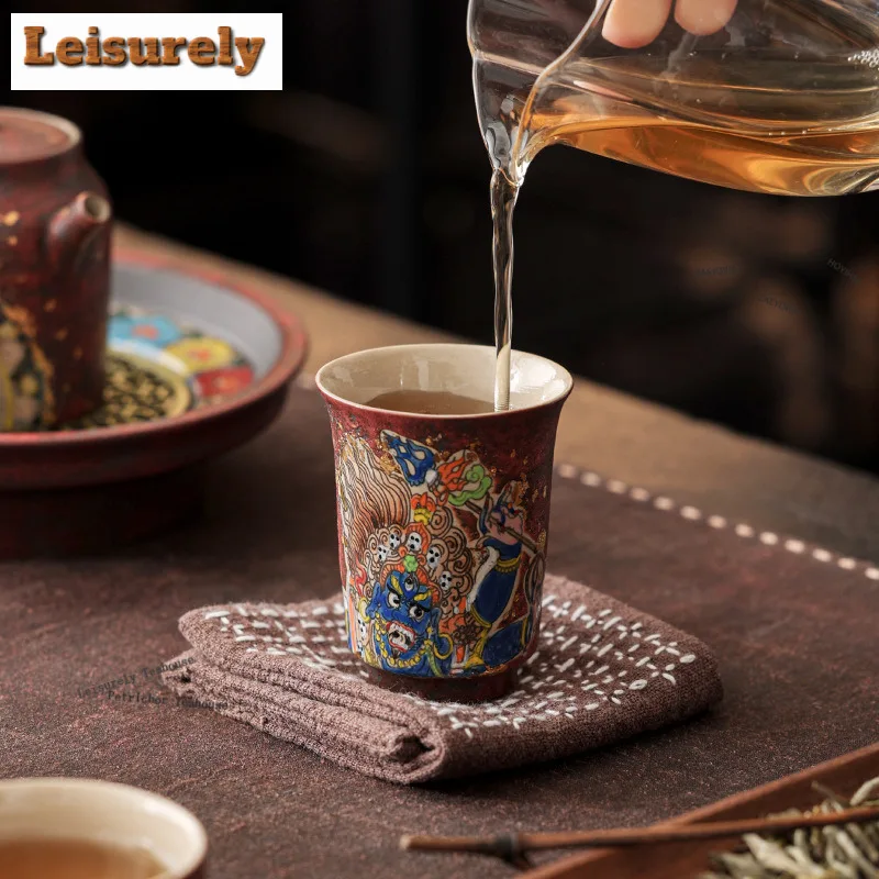 60ml Plant Ash Thangka Hand Painted Mahakala Teacup Retro Tea Bowl Cup For Tea Tea-tasting Smelling Cup Chazhan Master Cups Cafe
