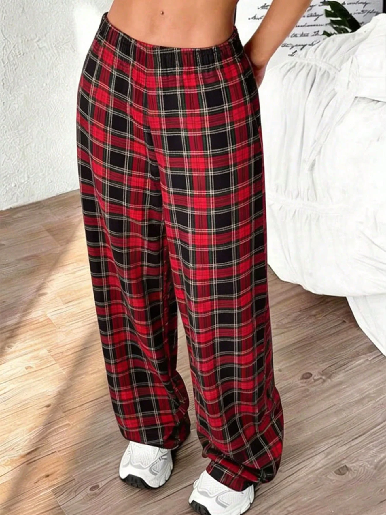 Womens Red Black Plaid Loose Wide Leg Pants Summer Ice Silk Soft Casual Sleep Leggings High Waist Comfy Loungewear Streetwear