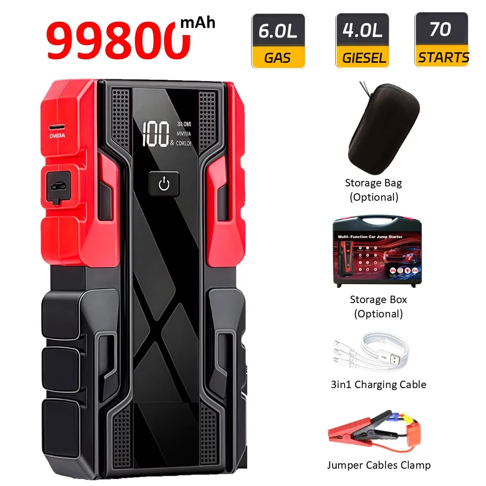 

Портативное пусковое устройство для автомобиля 12В 3000А, с пусковыми кабелями, внешний аккумулятор 99800 мАч с 3 фонариками