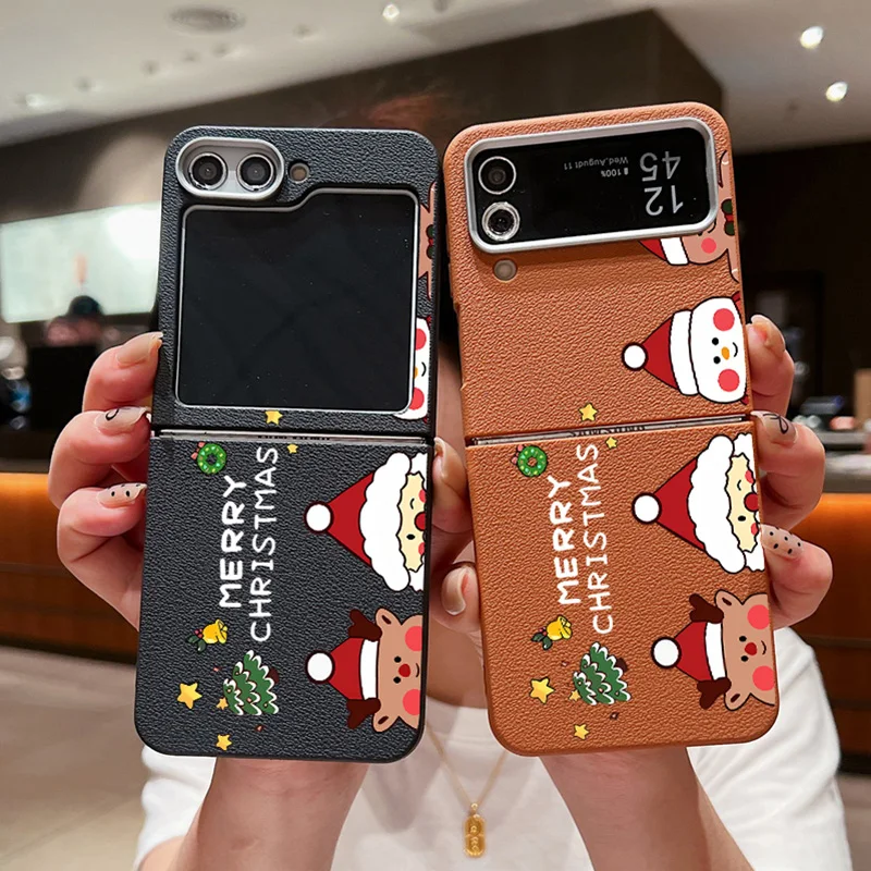 For Samsung Galaxy Z Flip6 Flip5 Flip4 Case Leather Texture Silicone Folding Cartoon Santa Hat Cover For Samsung Z Flip 6 5 4 3