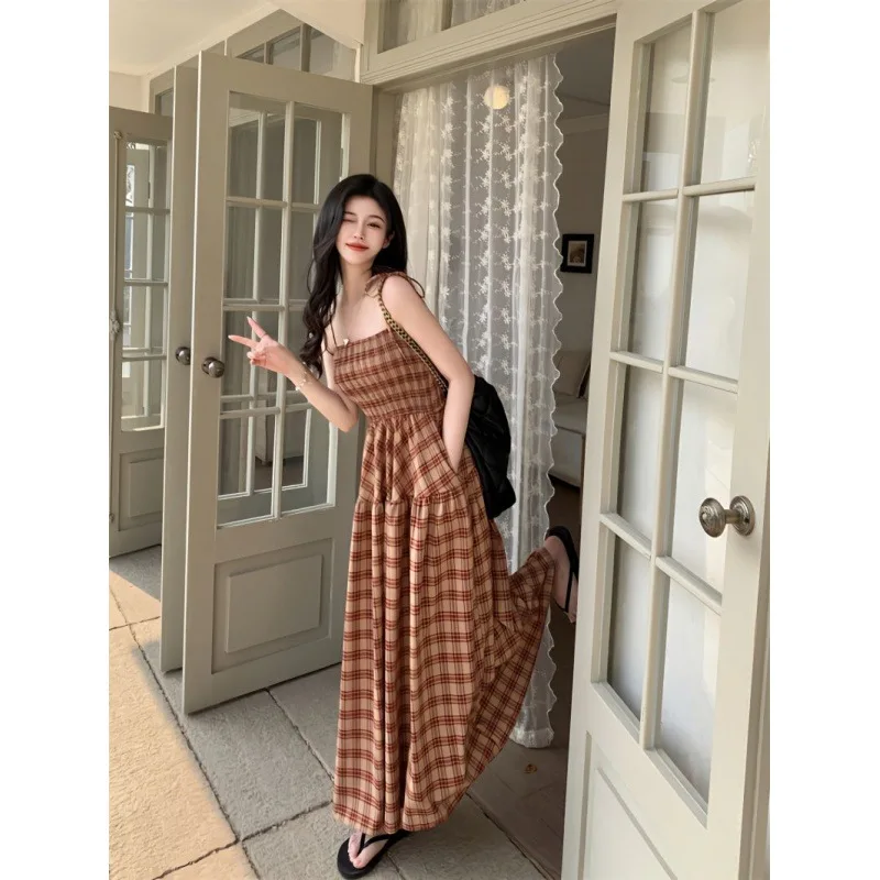 Fashion Women Spaghetti Strap Plaid Dress Fashion Elegant Female Ankle Length Dress Korean High Waist Student A Line Dresses2024