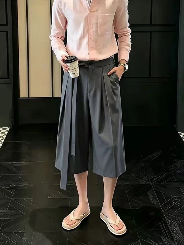 Ice Silk Seven-Foot Men's Casual Pants Draped Loose Wide Leg Five-Foot Shorts Old Money Style Pleated Casual Summer Trousers
