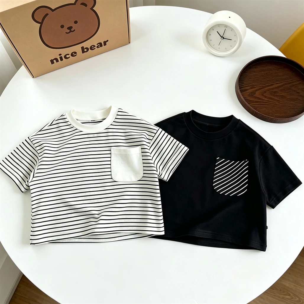 Fashion Tops Black And White T-shirt Casual Loose Round Neck Short Sleeve Simple Versatile Base Shirt Baby Boys Striped Tees