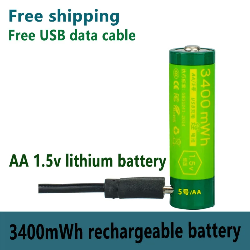 New 1.5V 3400mwh Rechargeable AA Battery Lithium Polymer Battery AA Rechargeable Battery Quick Charging by Type-C USB Cable