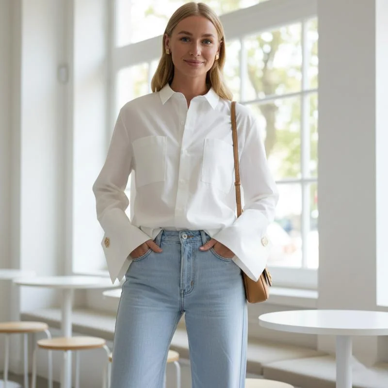 

Elegant White Women’s Blouse Long Sleeve Lapel Office Shirt With Pockets Casual Classic Top For Women Stylish Female Clothing