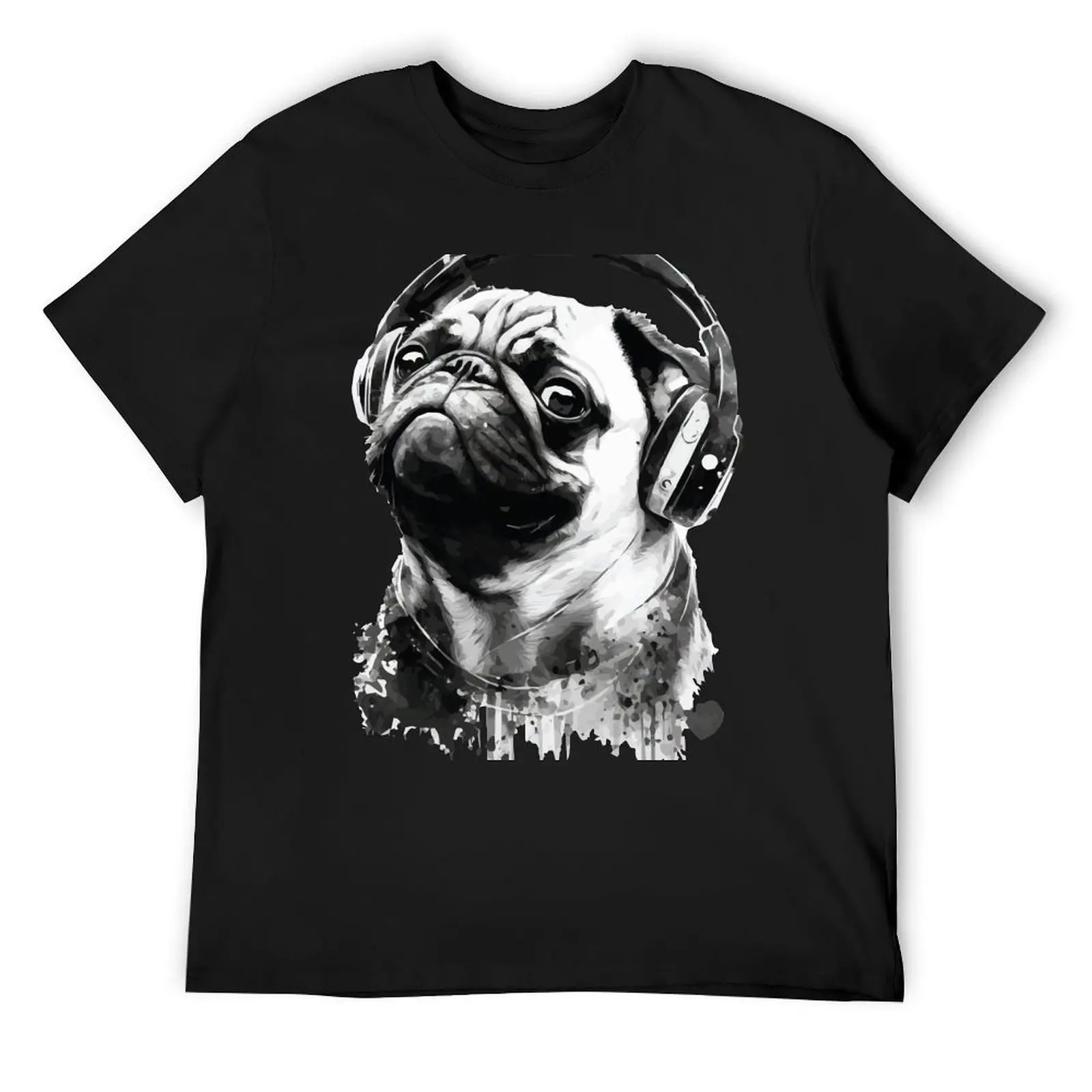 

A Cute Pug Wearing Headphones: Animal Street Art T-Shirt graphic shirts plus size tops plain black t shirts men