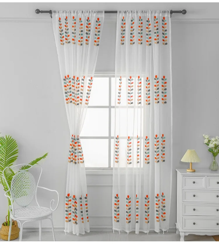 Embroidery four-color leaf curtains, living room balcony decoration curtains